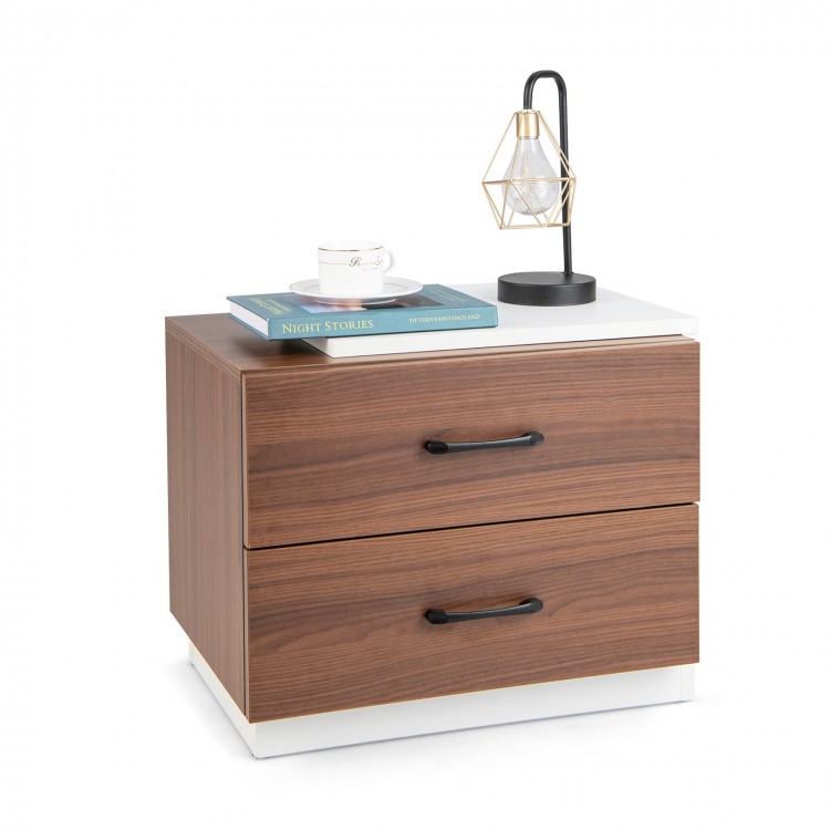 Modern nightstand in brown with two drawers, featuring a wide top for storage, ideal for bedroom or living room use.